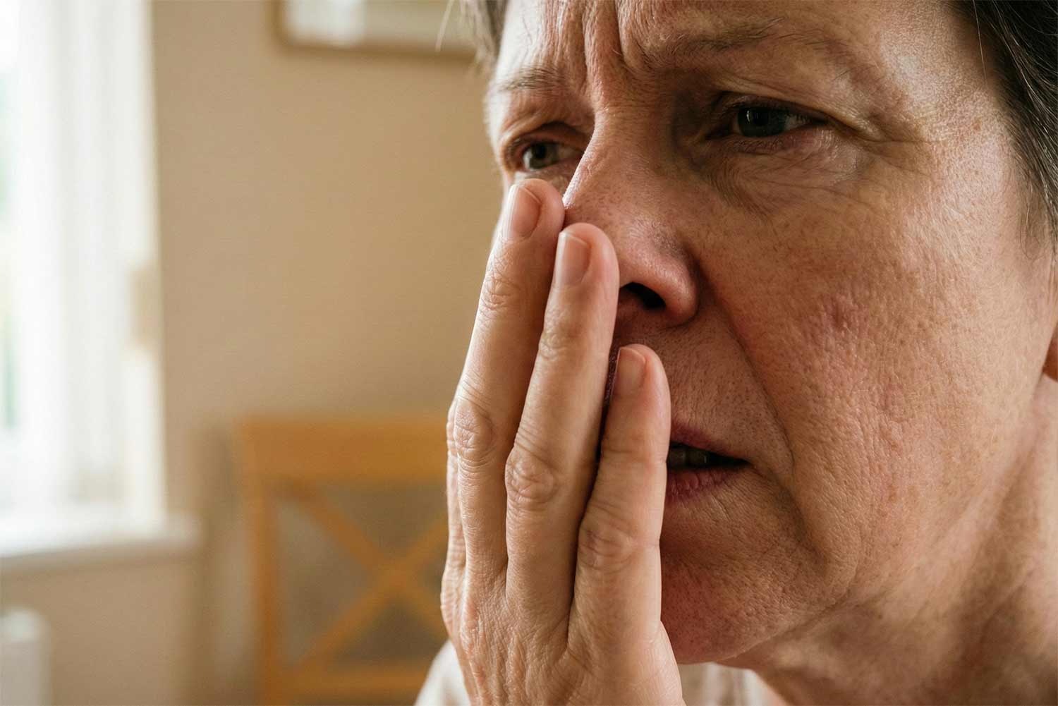 primer plano de boca tapada con la mano, expresión de preocupación por mal aliento.