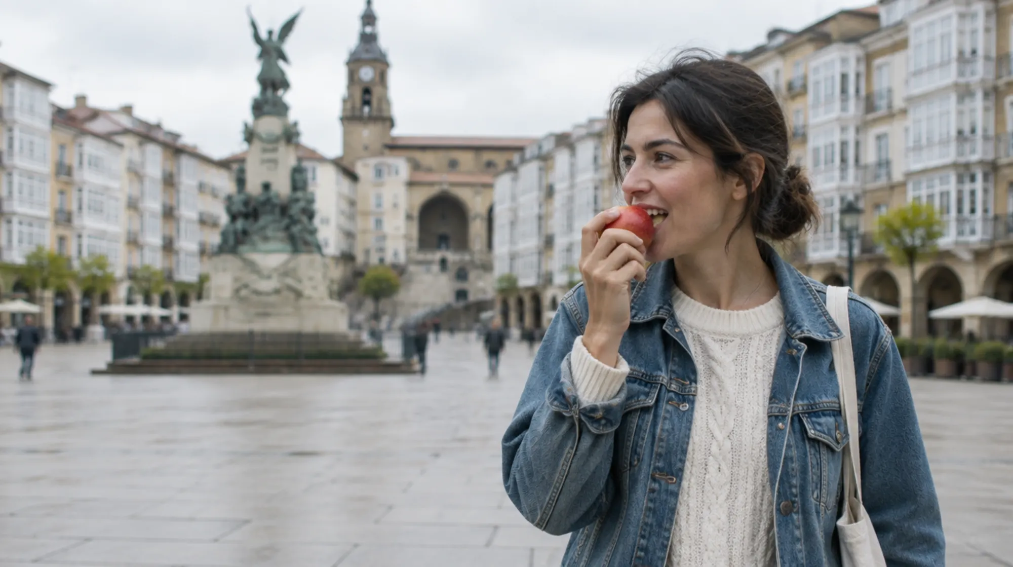 Mujer de unos 30 años comiendo una manzana en la plaza de la Virgen Blanca de Vitoria: se puede comer después de un empaste